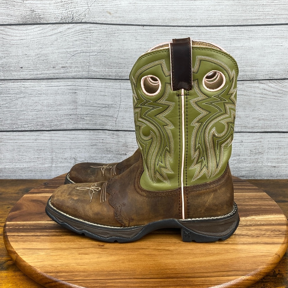 Durango Lady Rebel Green Leather Saddle Cowgirl Boot Square Toe Women’s Size 8.5
